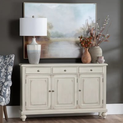 56" Distressed White Three Door Three Drawer Credenza