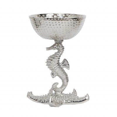 10" Silver Metal Decorative Bowl on a Coastal Seahorse Stand