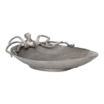 18" Silver Metal Coastal Oval Octopus Bowl