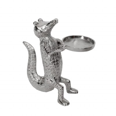 10" Silver Metal Decorative Coastal Alligator Holding a Dish Statue