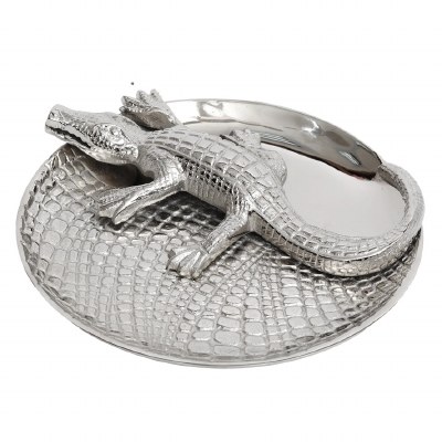 12" Round Silver Metal Decorative Coastal Alligator Dish