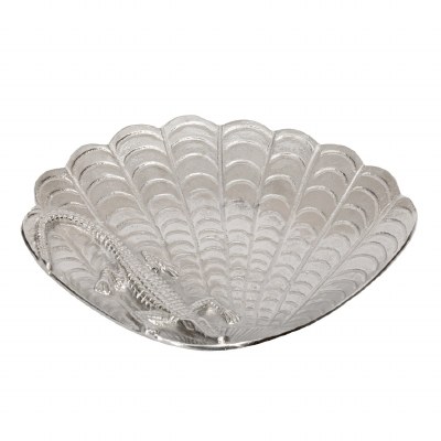 17" Silver Metal Decorative Coastal Alligator Scales Scallop Shell Shaped Dish