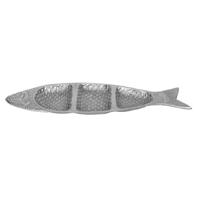 20" Silver Metal Coastal Three Compartment Fish Serving Tray