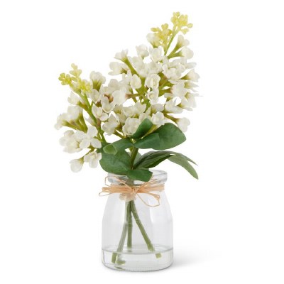 9" Faux White Lilac in a Glass Vase