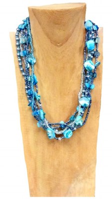 Turquoise Six Strand Faux Pearl and Beads Necklace