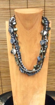 Black Six Strand Faux Pearl and Beads Necklace