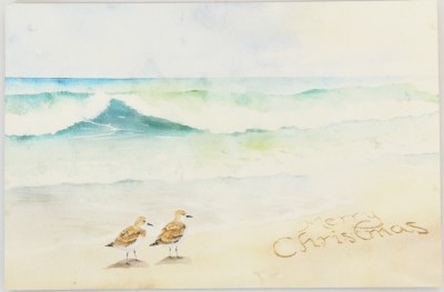 4" x 6" "Merry Christmas" Sandpipers on the Beach Wood Post Card