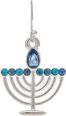 Silver Toned and Blue Menorah Hanukkah Earrings