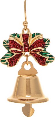 Gold Toned and Red Bow Bell Christmas Earrings
