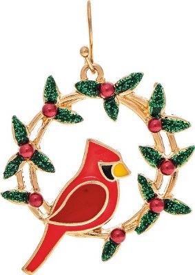 Gold Toned and Red Cardinal in a Wreath Christmas Earrings