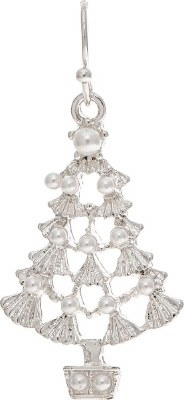 Silver Toned and Faux Pearls Christmas Tree Earrings