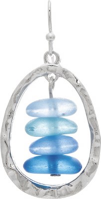 Silver Toned and Blue Seaglass Gems Oval Earrings