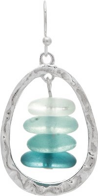 Silver Toned and Green Seaglass Gems Oval Earrings