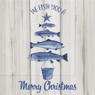 5" Square "We Wish You a Merry Christmas" Blue Fish Christmas Tree Beverage Napkins