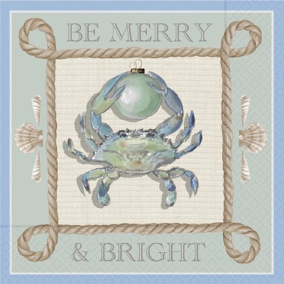 5" Square "Be Merry & Bright" Coastal Christmas Crab Beverage Napkins