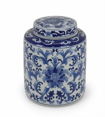 10" Blue and White Scroll Ceramic Jar