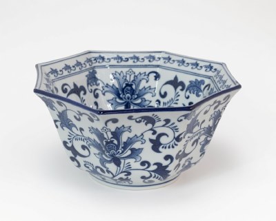11" Octagon Blue and White Scroll Ceramic Bowl