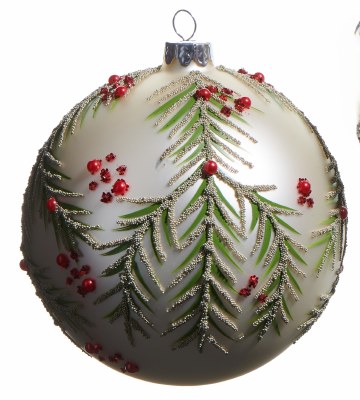 5" Red Berries and Pine Glass Ball Shape Ornament