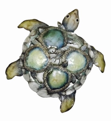 15" Distressed Silver and Blue Capiz Sea Turtle Coastal Wall Art Plaque
