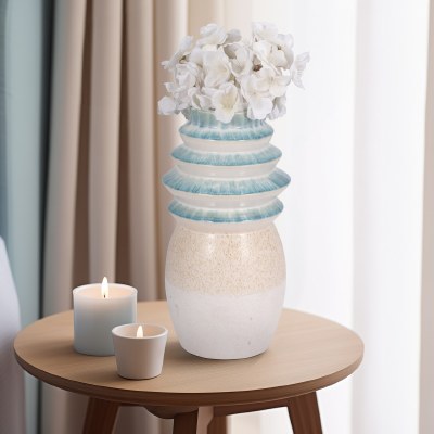 12" Blue and Beige Fluted Top Decorative Ceramic Vase