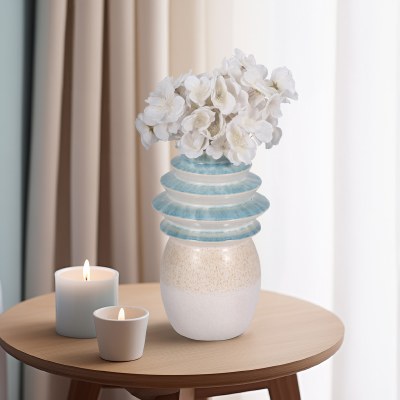 9" Blue and Beige Fluted Top Decorative Ceramic Vase