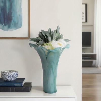 15" Green and Blue Decorative Glass Flair Vase