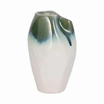 10" Green and White Folded Top Decorative Ceramic Vase