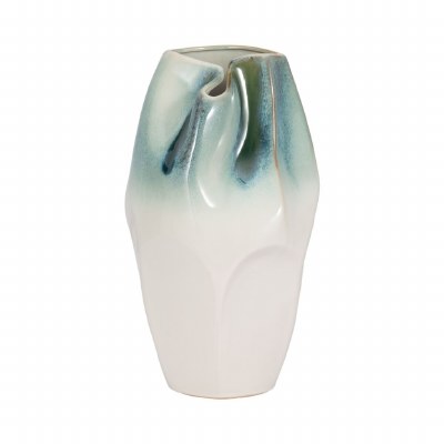 14" Green and White Folded Top Ceramic Vase