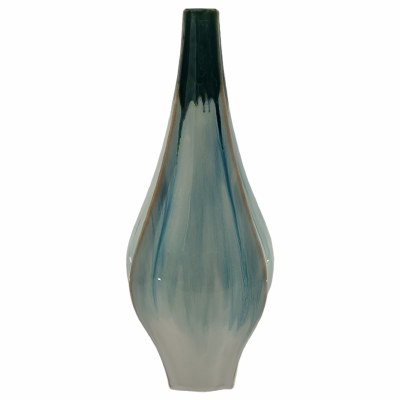 19" Green and Blue Drip Top Decorative Ceramic Vase