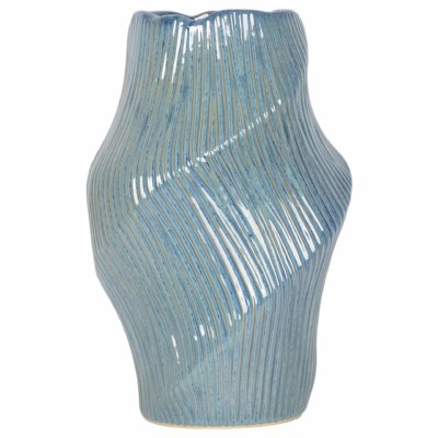 17" Blue Ribbed Twist Decorative Ceramic Vase