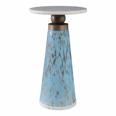 12" Round White Marble Top and Blue Glass Base End Table