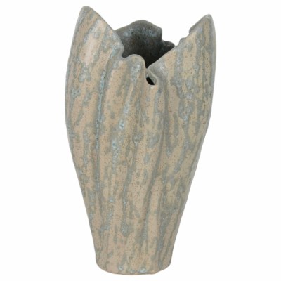 11" Beige and Green Ceramic Folds Decorative Vase
