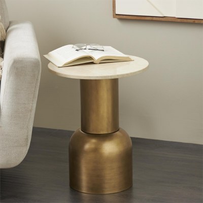 16" Round Cream Marble Top and Gold Base End Table