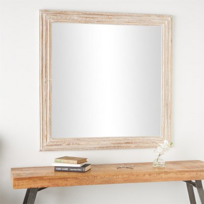 44" Sq White Washed Ribbed Wood Frame Mirror