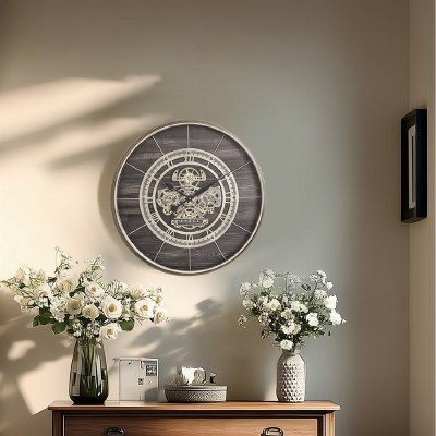 28" Round Distressed Silver Gears Wall Clock