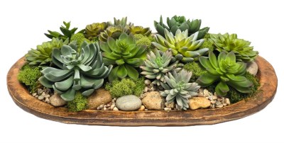 20" Faux Blue and Green Succulents in a Brown Oval Dough Bowl