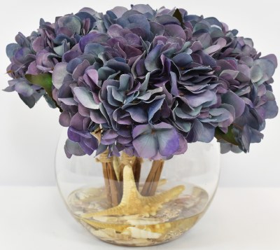 12" Faux Blue Hydrangeas in a Glass Ball With Seashells at the Bottom