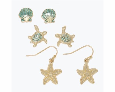 Set of Three Gold Toned and Green Sealife Earrings