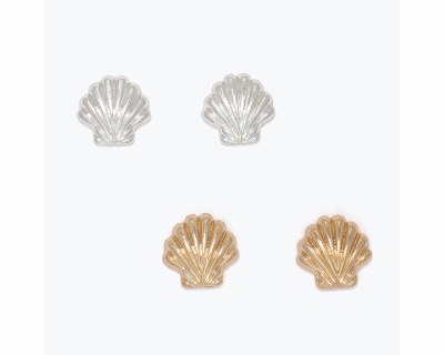 Set of Two Silver and Gold Toned Scallop Shell Earrings