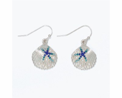 Silver Toned and Blue Bling Sea Shell Earrings