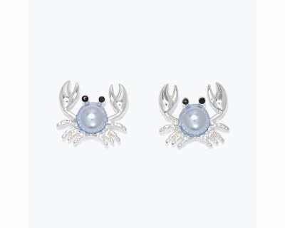 Silver Toned and Blue Faux Pearls Crab Earrings
