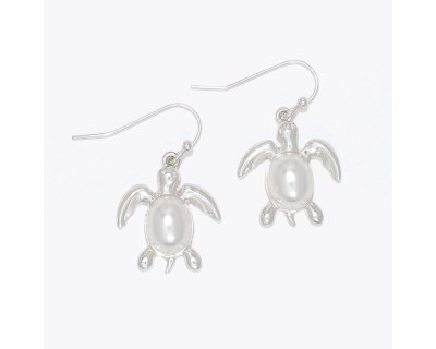 Silver Toned and Faux Pearls Sea Turtle Earrings