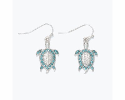 Silver Toned and Aqua Bling Sea Turtle Earrings