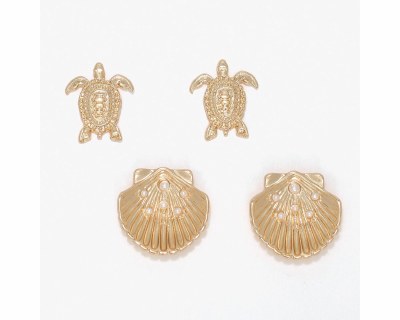 Set of Two Gold Toned Sea Turtle and Scallop Shell Earrings