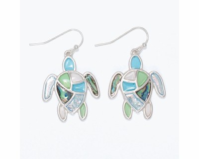 Silver Toned and Multicolor Inlay Sea Turtle Earrings