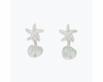 Silver Toned and Green Bead Starfish Earrings