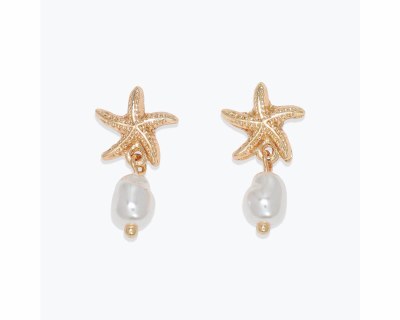 Gold Toned Starfish and Faux Pearl Drop Earrings
