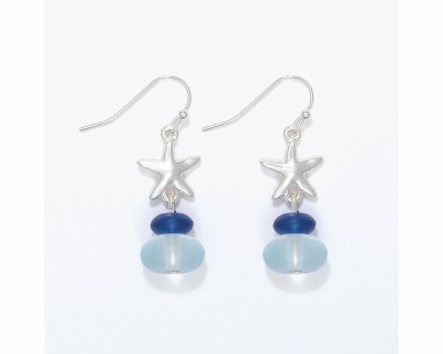 Silver Toned Starfish and Blue Beads Earrings