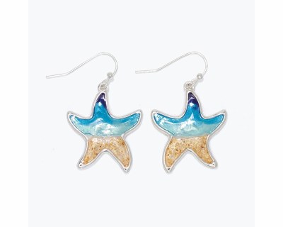 Silver Toned and Sandy Beach Scene Starfish Earrings