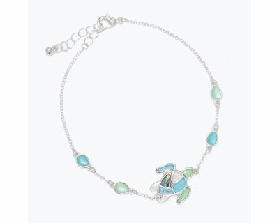 Silver Toned and Multiolor Sea Glass Sea Turtle Bracelet